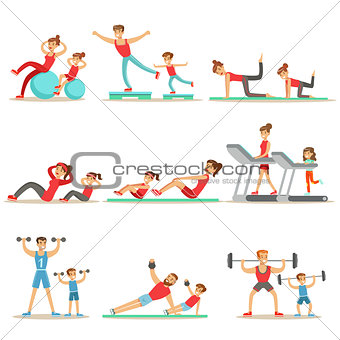 Parent And Child Doing Sportive Exercises And Sport Training Together Having Fun Series Of Scenes