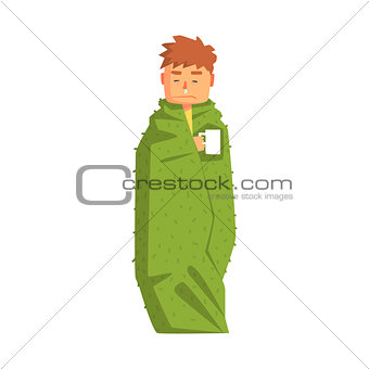 Guy Wrapped In Blanket With Hot Drink Having Cold,Adult Person Feeling Unwell, Sick, Suffering From Illness