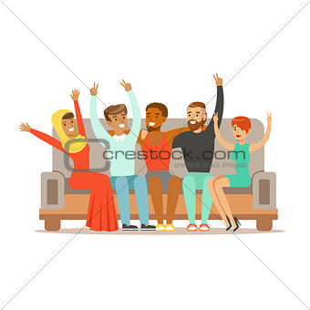 Young Friends From All Around The World Cheering On Sofa, Happy International Friendship Vector Cartoon Illustration