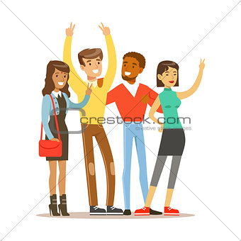 Young Friends From All Around The World Standing To Take Picture, Happy International Friendship Vector Cartoon Illustration