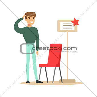 Man Buying A Red Chair, Smiling Shopper In Furniture Shop Shopping For House Decor Elements
