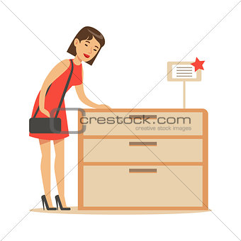 Woman Buying A Wooden Dresser, Smiling Shopper In Furniture Shop Shopping For House Decor Elements