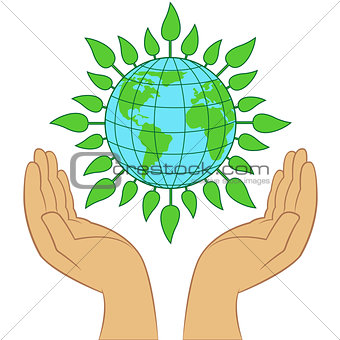 Green Earth planet in human hands 
