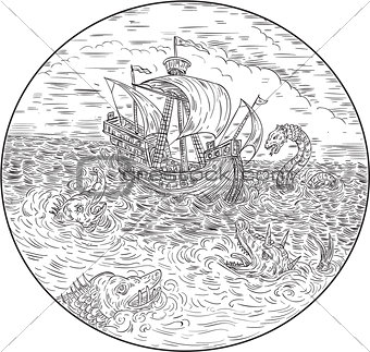Tall Ship Turbulent Sea Serpents Black and White Drawing