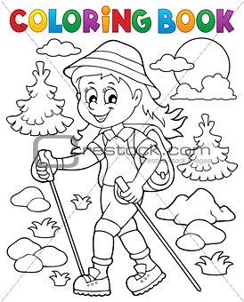 Coloring book woman hiker theme 1