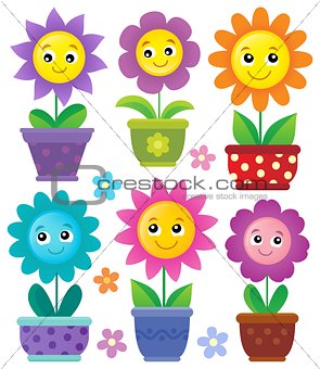 Flowerpots with smiling flowers set 1