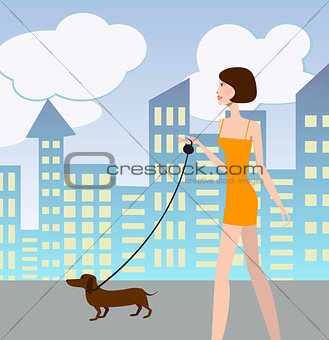 Sexy girl walking with a dog