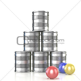 Tin cans and three balls. 3D