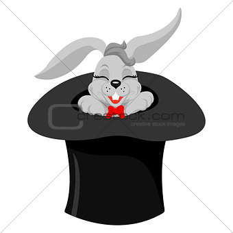 A cute cartoon magicians bunny rabbit coming out of a top hat with a magic wand