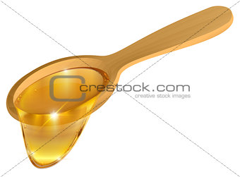 Wooden spoon with honey on white background