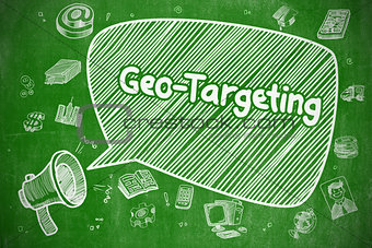 Geo-Targeting - Cartoon Illustration on Green Chalkboard.