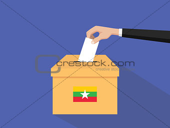 burma vote election concept illustration with people voter hand gives votes insert to boxes election with long shadow flat style