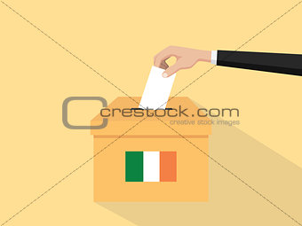 ireland election vote concept illustration with people voter hand gives votes insert to boxes election with long shadow flat style