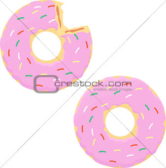 Donut with pink icing, whole and biting