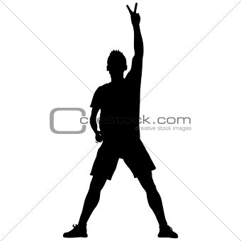 Silhouette man with his hand raised in the form of the letter V. Vector illustration