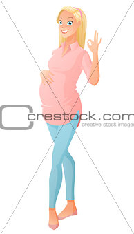 Beautiful healthy pregnant woman showing ok sign gesture. Vector illustration isolated on white background.