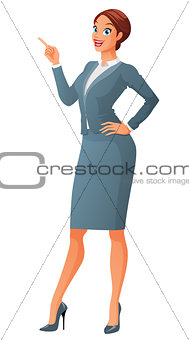 Smiling business woman with finger point up. Cartoon vector illustration isolated on white background.