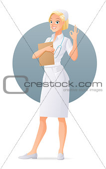 Cute young nurse showing ok sign gesture. Cartoon vector illustration isolated on white background.