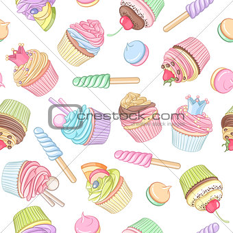 Colorful cupcake lollipop marshmallow seamless pattern. Vector i