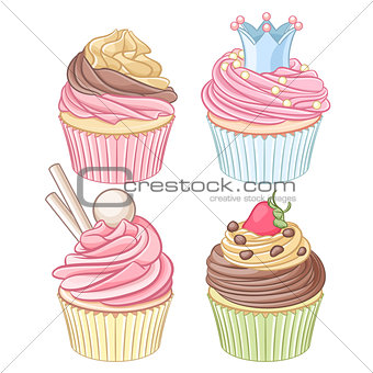 Vector set of colorful cupcakes isolated on white background.