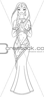 Outlined indian girl in sari. Coloring page vector illustration
