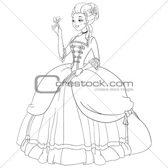 Outlined rococo lady in antique dress. Coloring page vector illustration.