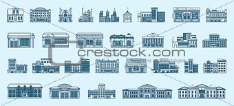 Vector set isolated icons architecture buildings linear style