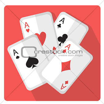 Playing cards with aces icon flat style with long shadows, isolated on white background. Vector illustration