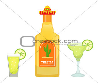 Tequila bottle with glasses and pieces of lime icon flat, cartoon style isolated on white background. Vector illustration, clip art. Traditional Mexican drink.