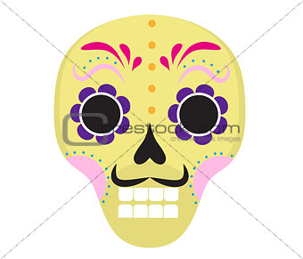 Sugar skull icon, flat, cartoon style. Cute dead head, skeleton for the Day of the Dead in Mexico. Isolated on white background. Vector illustration, clip art.