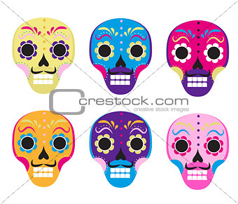 Sugar skull set icon, flat, cartoon style. Cute dead head, skeleton for the Day of the Dead in Mexico. Isolated on white background. Vector illustration, clip art.
