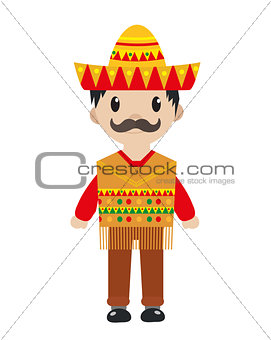 Mexican in a traditional suite icon flat, cartoon style. Man isolated on white background. Vector illustration, clip art.