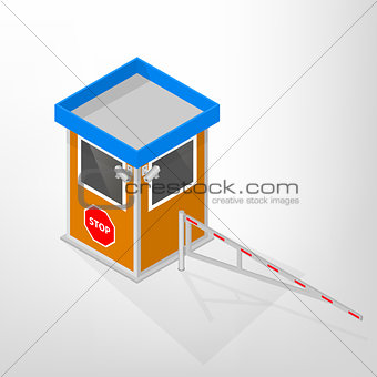 Security lodges with a mechanical barrier isometric, vector illustration.