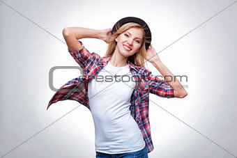 Closeup studio portrait of hipster young woman