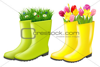 Gumboots Set With Grass And Flowers