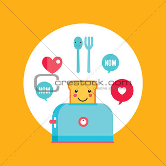 Toaster and funny toasted bread with cute smile Cartoon character