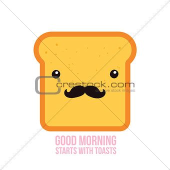 Hipster toast bread Funny Cartoon character with mustache