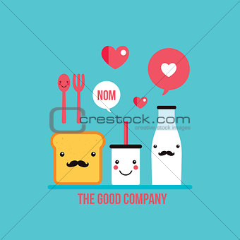Food Drink cartoon characters Milk Glass and Bottle Toast bread