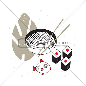 Hand drawn noodles bowl with chopsticks Sushi Fish Asian cuisine