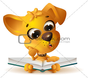 Yellow dog reading open book