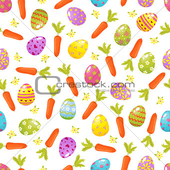 Easter seamless background.Religious holiday pattern from colored eggs, flowers , carrrots .Traditional symbols of Easter vector illustration