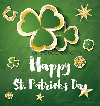 Saint Patrick's Day Background with Clover Leaves, Golden Stars 