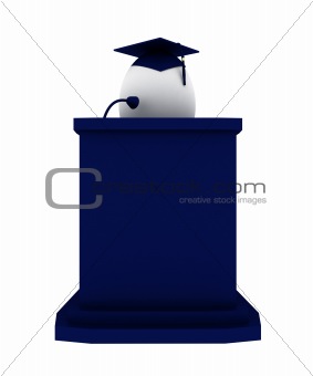 Render of an Egg graduate making a speach positioned behind blue podium