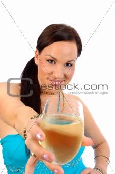 smiling woman with glass of white wine