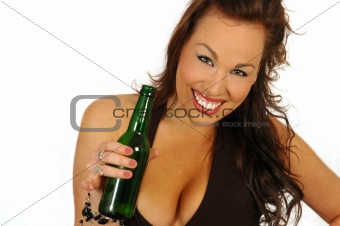 busty brunette holding a bottle