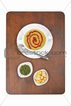 Puree, bread croutons and parsley