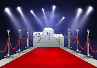 Stage for awards ceremony. White podium with red carpet. Pedestal. Scene. Spotlight. 3D. Vector illustration.