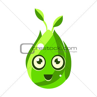 Green Nature Element, Egg-Shaped Cute Fantastic Character With Big Eyes Vector Emoji Icon