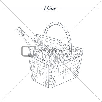 Picnic Basket With Wine Hand Drawn Realistic Sketch