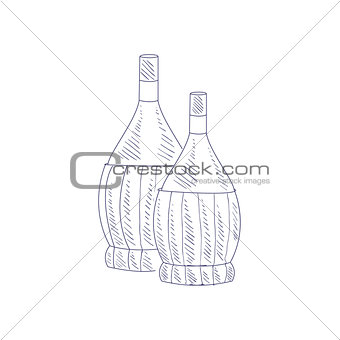 Two Braided Wine Bottles Hand Drawn Realistic Sketch